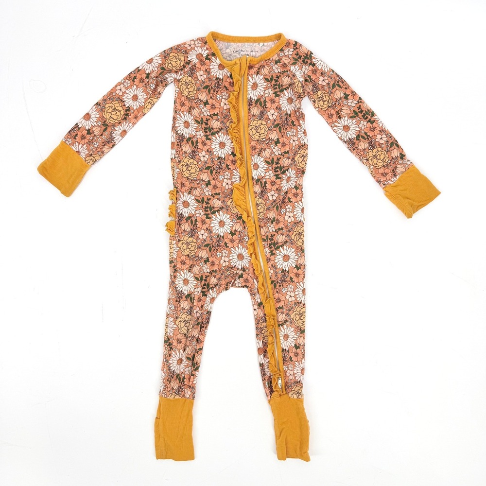 Cuddle Butters Ruffle Zippy Baby 12-18M Mustard Floral Bamboo Sleeper Excellent